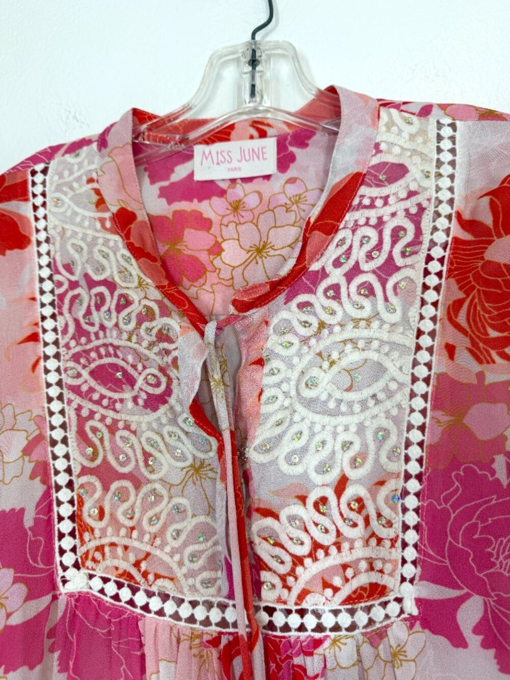 Miss June Paris Pink Floral Boho Blouse Embroidered Bell Sleeve Tassel Large - Picture 5 of 10